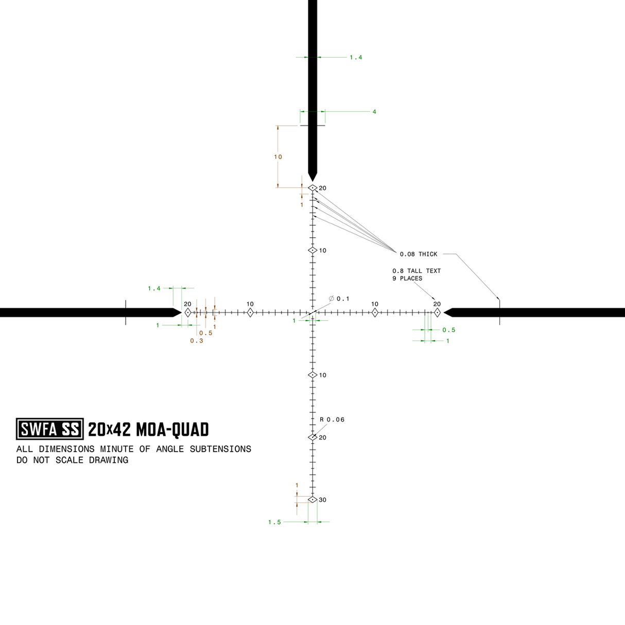 SWFA 20x42 SS - MOA-Quad Reticle, 30mm, .25 MOA Clicks, Rear Focus
