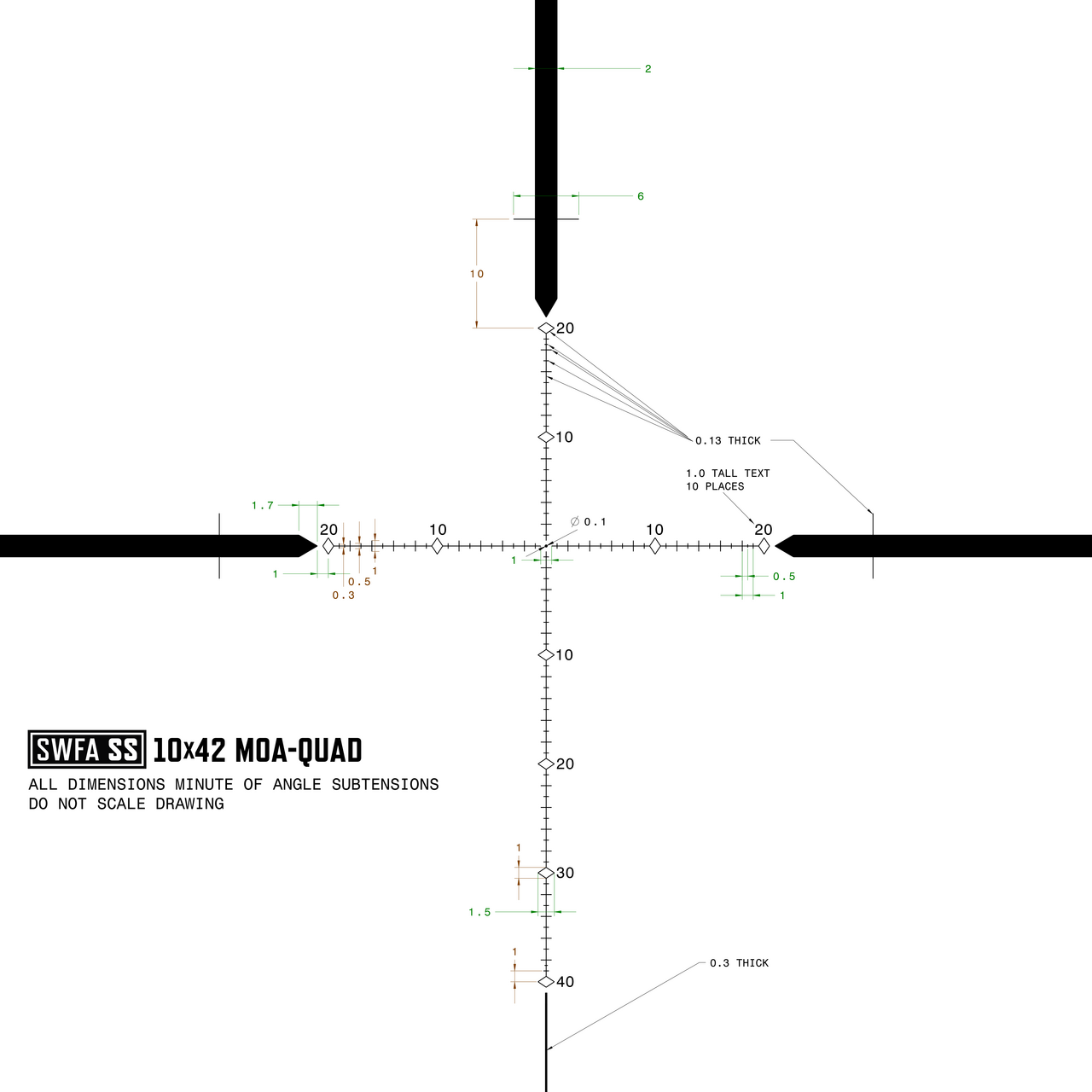 SWFA 10x42 SS - MOA-Quad Reticle, 30mm, .25 MOA Clicks, Rear Focus